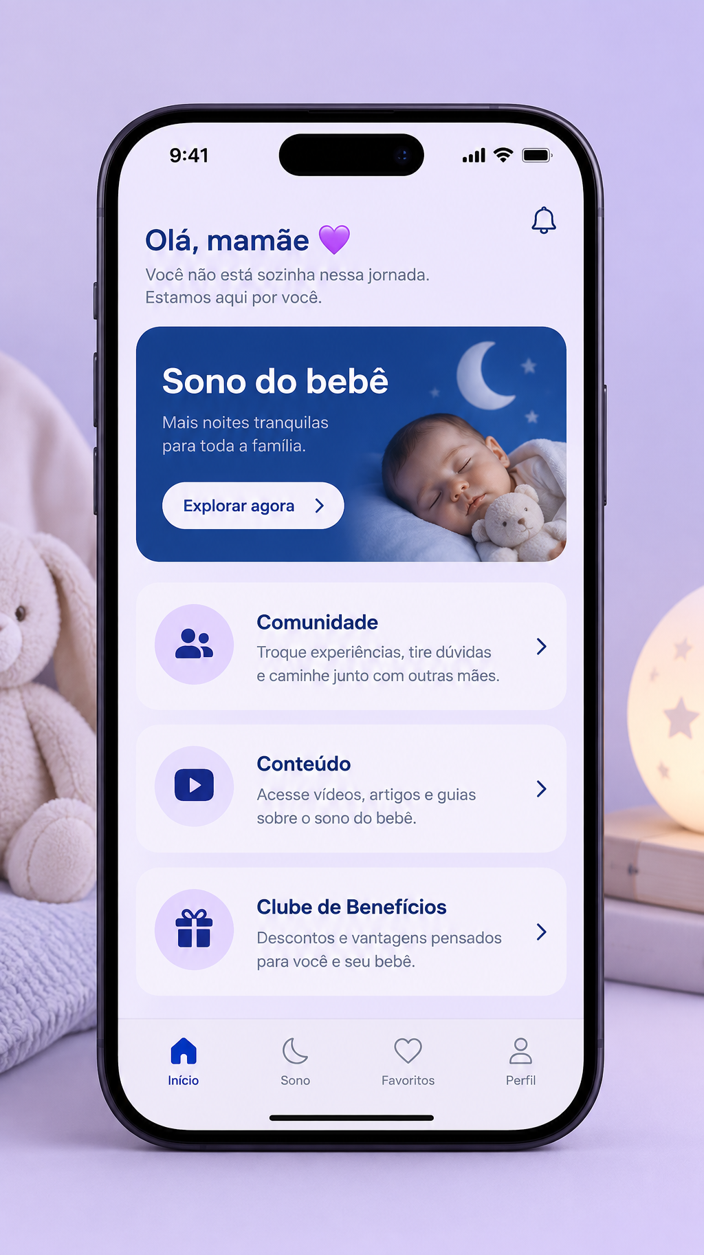 Tela do app exclusivo para mães, com comunidade, conteúdo e clube de benefícios